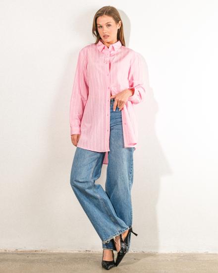 Kendinden Çizgi Desenli Oversize Kadın Gömlek