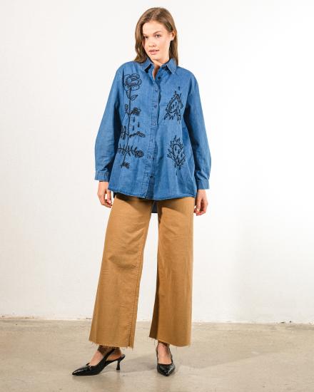 Nakışlı Kot Kumaş Oversize Kadın Gömlek