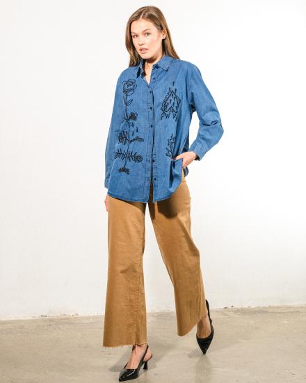 Nakışlı Kot Kumaş Oversize Kadın Gömlek